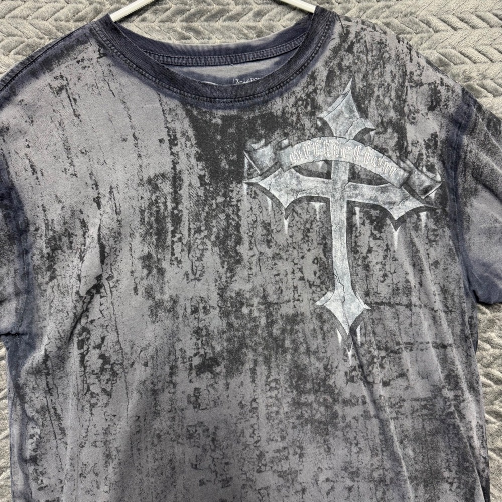 Affliction T-Shirt XL Gray Excellent Gothic Skull‎ Cross Acid Wash MMA (1627)